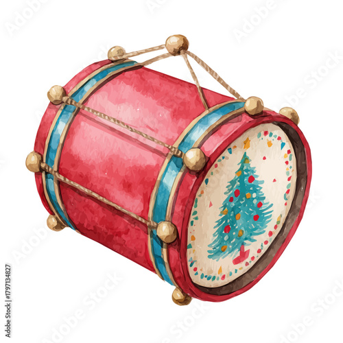 My cute watercolor red toy drum Christmas ornament painting illustration isolated on a white background, EPS illustration, painting style, Christmas set