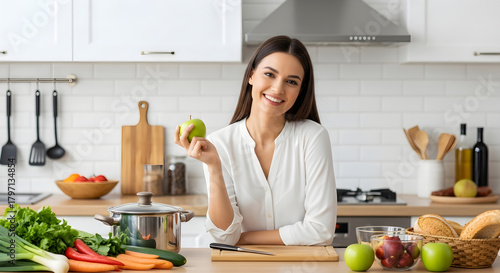 Young woman smiling holding fresh apple in modern kitchen surrounded by healthy food
