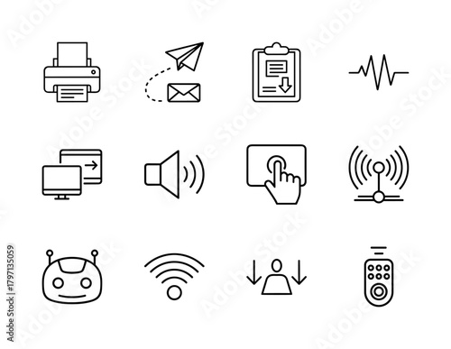 Technology line icon set. Vector pictograms of printer, email, clipboard, pulse, monitor, speaker, hand, antenna, robot, wifi, user, remote, thin linear illustration.