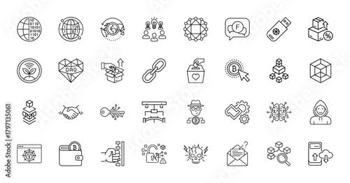 Blockchain and cryptocurrency line icon set. Vector pictograms of binary globe, DAO, bitcoin, data cubes, hacker, digital key, and decentralized network, thin linear illustration.