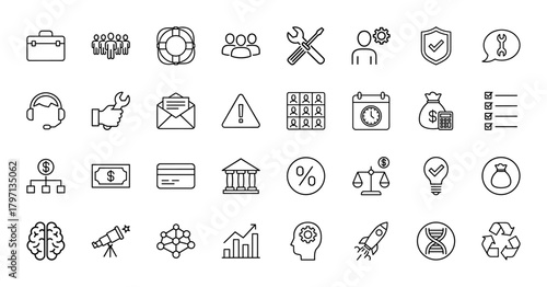 Business, technology, and science line icon set. Vector pictograms of briefcase, team, tools, shield, headset, calendar, money bag, brain, rocket, and recycle symbol, thin linear illustration.