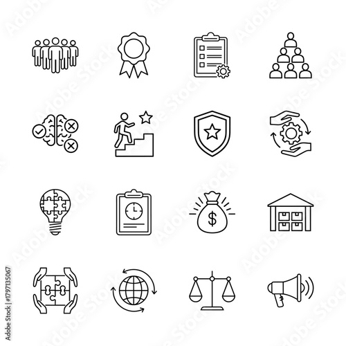 Business and management line icon set. Vector pictograms of teamwork, planning, innovation, finance, logistics, legal, thin linear illustration.