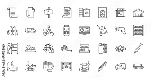 Logistics line icon set. Vector pictograms of documents, mailbox, delivery van, scooter, barcode scanner, warehouse, stacked boxes, and conveyor belt, thin linear illustration.