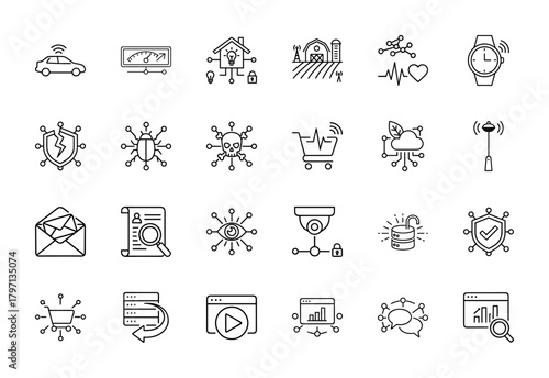 Internet of Things and data security line icon set. Vector pictograms of smart car, home, farm, watch, bug, server, camera, and network elements, thin linear illustration.