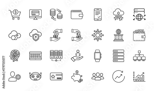 Business and technology line icon set. Vector pictograms of shopping cart, computer, coins, wallet, smartphone, cloud, server, AI, robot, and growth charts, thin linear illustration.