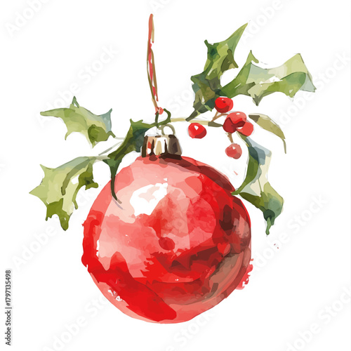 A beautiful watercolor bright red bauble isolated on a white background, Hand-painted watercolor design, vectorized, painting style, vector set available in EPS format
