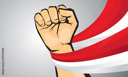 Illustration of a clenched fist wrapped in the Red and White flag, which symbolizes the spirit of struggle