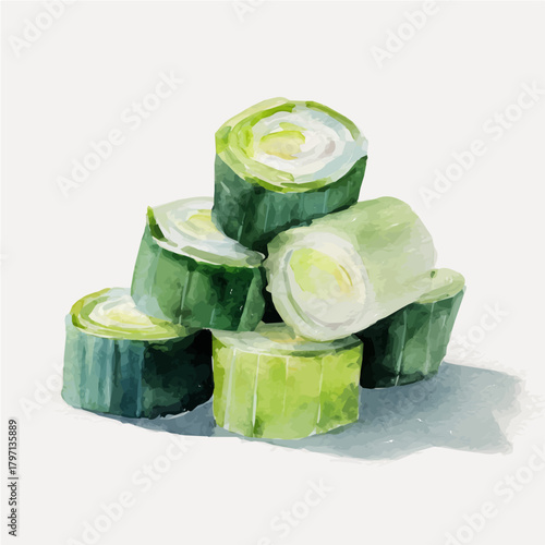 A beautiful watercolor chopped leeks isolated on a white background, Hand-painted watercolor design, vectorized, painting style, vector set available in EPS format. simple design
