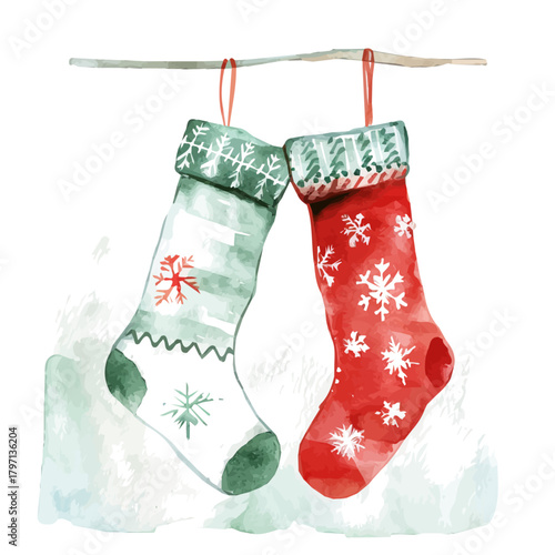 A beautiful watercolor Christmas socks hanging isolated on a white background, Hand-painted watercolor design, vectorized, painting style, vector set available in EPS format. simple design