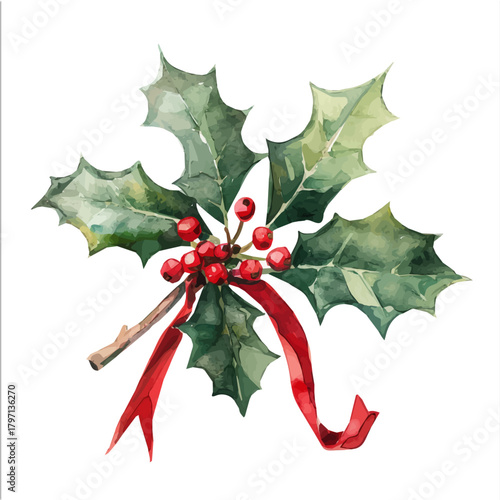 A Watercolor_style_painting_of_classic_holly_sprig_tied,woth_ribbon_simple eps format illustration, Watercolor_style