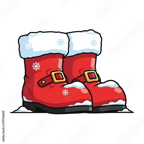 A pair of festive red Santa boots with white fur trim and gold buckles, covered in snow and snowflakes, ready for winter.