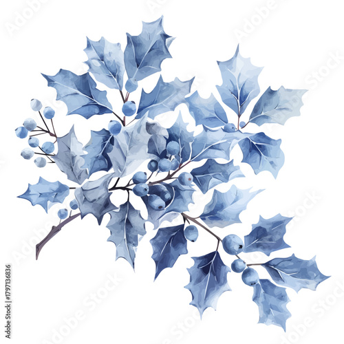 A beautiful watercolor frosty blue holly leaves isolated on a white background, Hand-painted watercolor design, vectorized, painting style, vector set available in EPS format