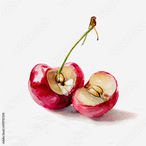 A Watercolor_style_painting_of_halved_cherry_with_stem, simple eps format illustration, Watercolor_style