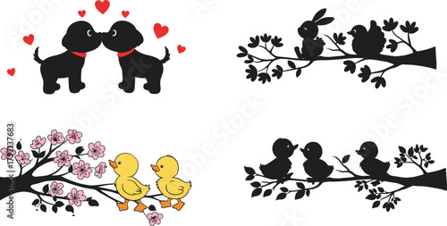 Cute animal couple illustration with dogs, birds, ducks and bunny on tree branches symbolizing love, friendship, spring, and nature romance
