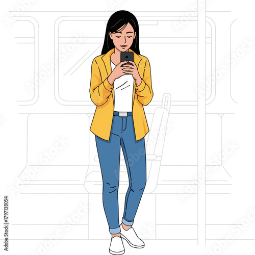 Create a Simple vector illustration of a young woman looking at her smartphone while commuting vector art with white background..