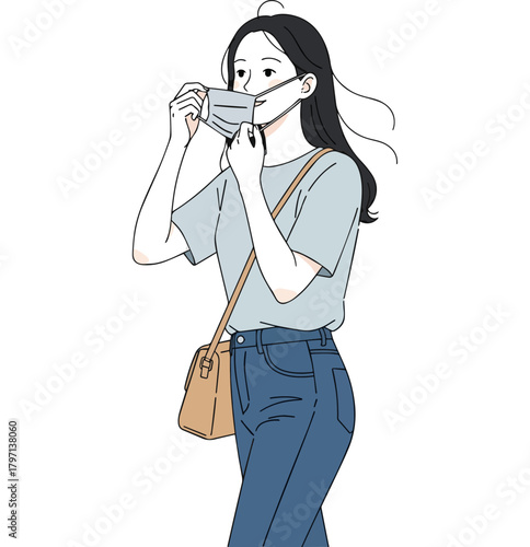 Create a Simple vector illustration of a young woman removing her mask while out and about vector art with white background..