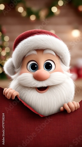 Cheerful cartoon Santa Claus with a fluffy white beard and red hat, peeking over a red banner, surrounded by festive decorations and warm holiday ambiance