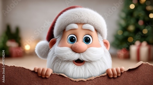 Cheerful cartoon Santa Claus character with a fluffy white beard and red hat, peeking over a rustic wooden surface, embodying festive joy and holiday spirit