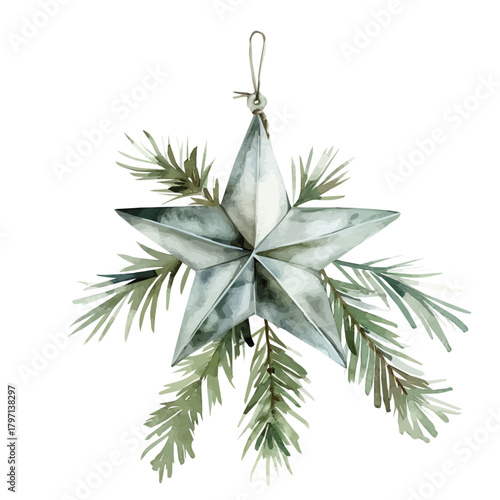 A Watercolor_style_painting_of_silver_hanging_star_with_pine_ leaves, EPS illustration design set