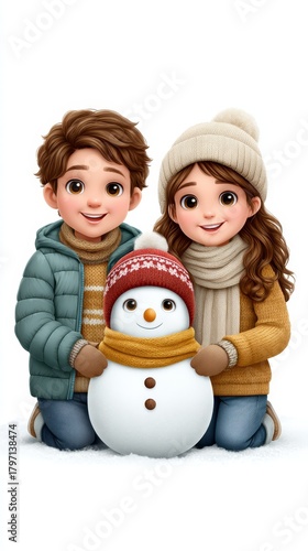Two children, a boy and a girl, are joyfully building a snowman in winter attire, surrounded by a snowy landscape, capturing the essence of winter fun and friendship
