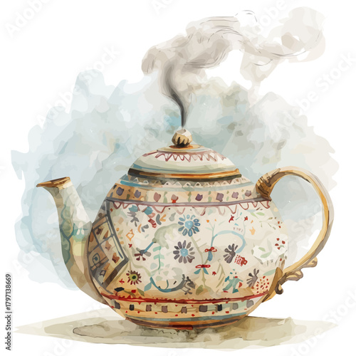 A Watercolor_style_painting_of_tea_pot_with_holiday_pattern, EPS illustration design set