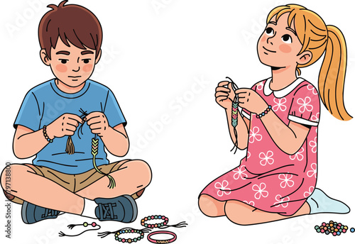 Creative children making colorful beaded friendship bracelets, boy and girl sitting cross-legged engaged in a fun crafting and jewelry-making activity.