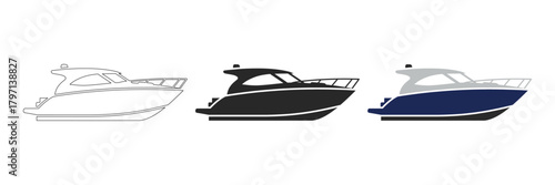 powerboat silhouette set. small cabin cruiser powerboat side view silhouette outline black blue and white versions