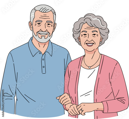 Create a Simple vector illustration of an elderly couple facing forward vector art with white background.