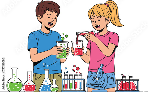 Excited children doing science experiments, boy and girl mixing colorful liquids in beakers with laboratory equipment and microscope, education concept.