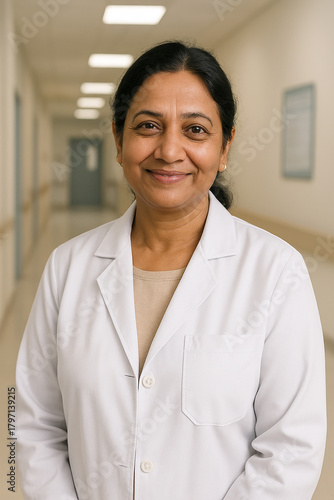 “A professional Indian female doctor standing confidently in a bright hospital corridor, wearing a white lab coat and a warm smile.