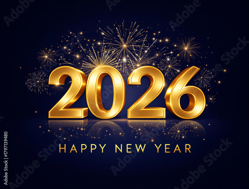 New Year Fireworks and Golden Numbers 2026 on Blue Background. Celebration New Year's Eve. Golden Fireworks on dark Night Sky