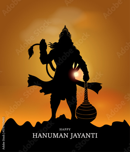Silhouette of Lord Hanuman with Gada at Sunset for Hanuman Jayanti
