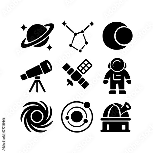 Collection of space and astronomy icons in silhouette style