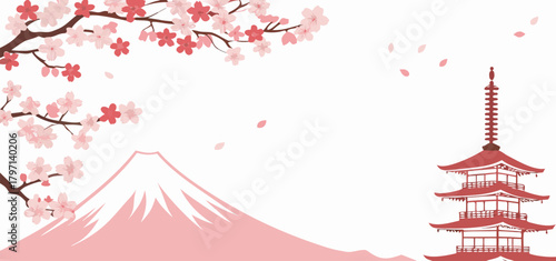 Minimal Pink Japanese Landscape Vector Background with Mountain, Pagoda Tower, and Blooming Cherry Blossoms Template