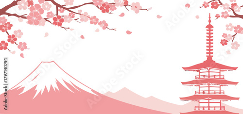 Minimal Pink Japanese Landscape Vector Background with Mountain, Pagoda Tower, and Blooming Cherry Blossoms Template