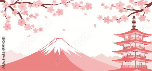 Minimal Pink Japanese Landscape Vector Background with Mountain, Pagoda Tower, and Blooming Cherry Blossoms Template