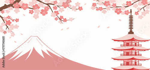 Minimal Pink Japanese Landscape Vector Background with Mountain, Pagoda Tower, and Blooming Cherry Blossoms Template