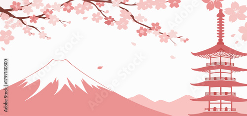 Minimal Pink Japanese Landscape Vector Background with Mountain, Pagoda Tower, and Blooming Cherry Blossoms Template