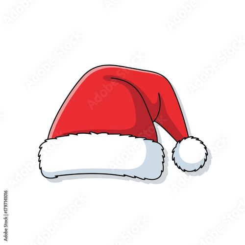 A vibrant red Santa hat with a white fluffy brim and pom-pom, depicted in a cartoon style on a plain white background.