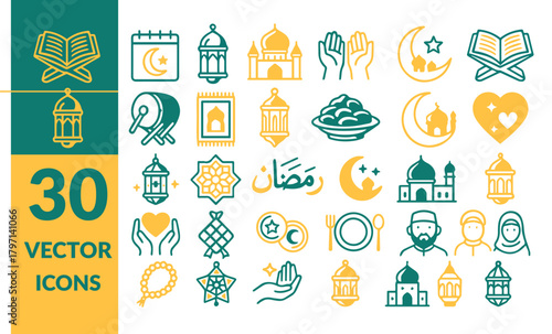 Ramadan Kareem Vector Icons Set. Islamic Festival, Holy Month Celebration and Muslim Tradition Symbols Collection.