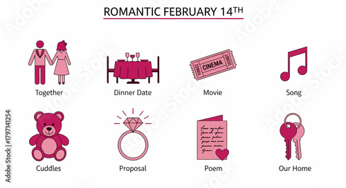 Eight pink and magenta icons representing romantic Valentines Day activities and gifts