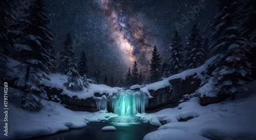Glowing Icefall Under Starry Winter Night Sky