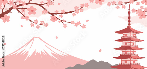 Minimal Pink Japanese Landscape Vector Background with Mountain, Pagoda Tower, and Blooming Cherry Blossoms Template