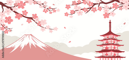 Minimal Pink Japanese Landscape Vector Background with Mountain, Pagoda Tower, and Blooming Cherry Blossoms Template