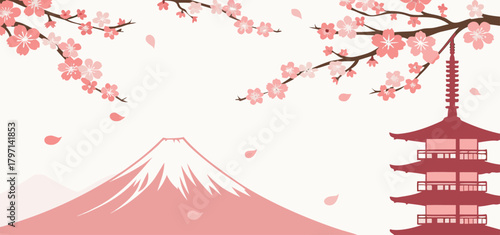 Minimal Pink Japanese Landscape Vector Background with Mountain, Pagoda Tower, and Blooming Cherry Blossoms Template