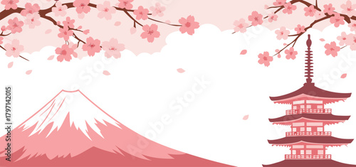 Minimal Pink Japanese Landscape Vector Background with Mountain, Pagoda Tower, and Blooming Cherry Blossoms Template