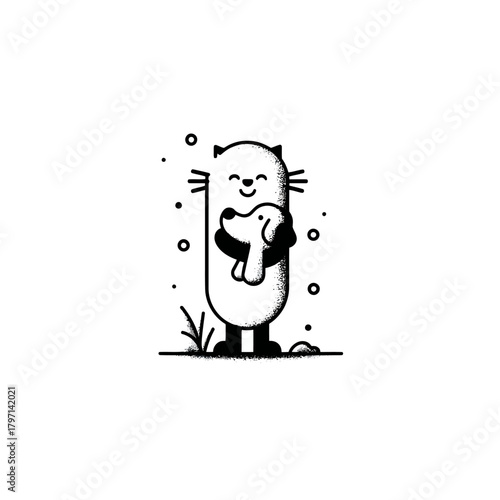 Minimalist black and white illustration of a happy cat hugging a cute little dog, symbolizing friendship and companionship