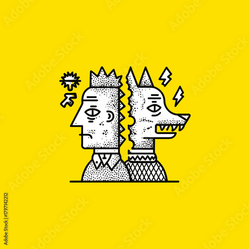 Abstract illustration of human and wolf duality, symbolizing inner conflict, psychological struggle, and the animalistic nature of man.