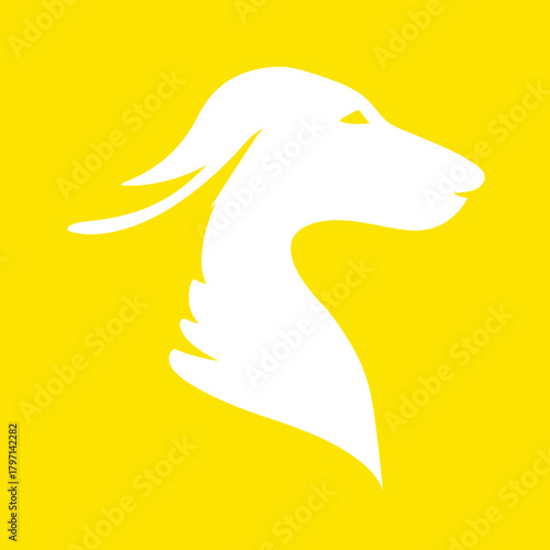 Elegant white animal head silhouette illustration on a bright yellow background. Modern graphic design featuring a stylized canine or equine profile.
