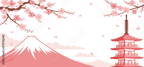 Minimal Pink Japanese Landscape Vector Background with Mountain, Pagoda Tower, and Blooming Cherry Blossoms Template